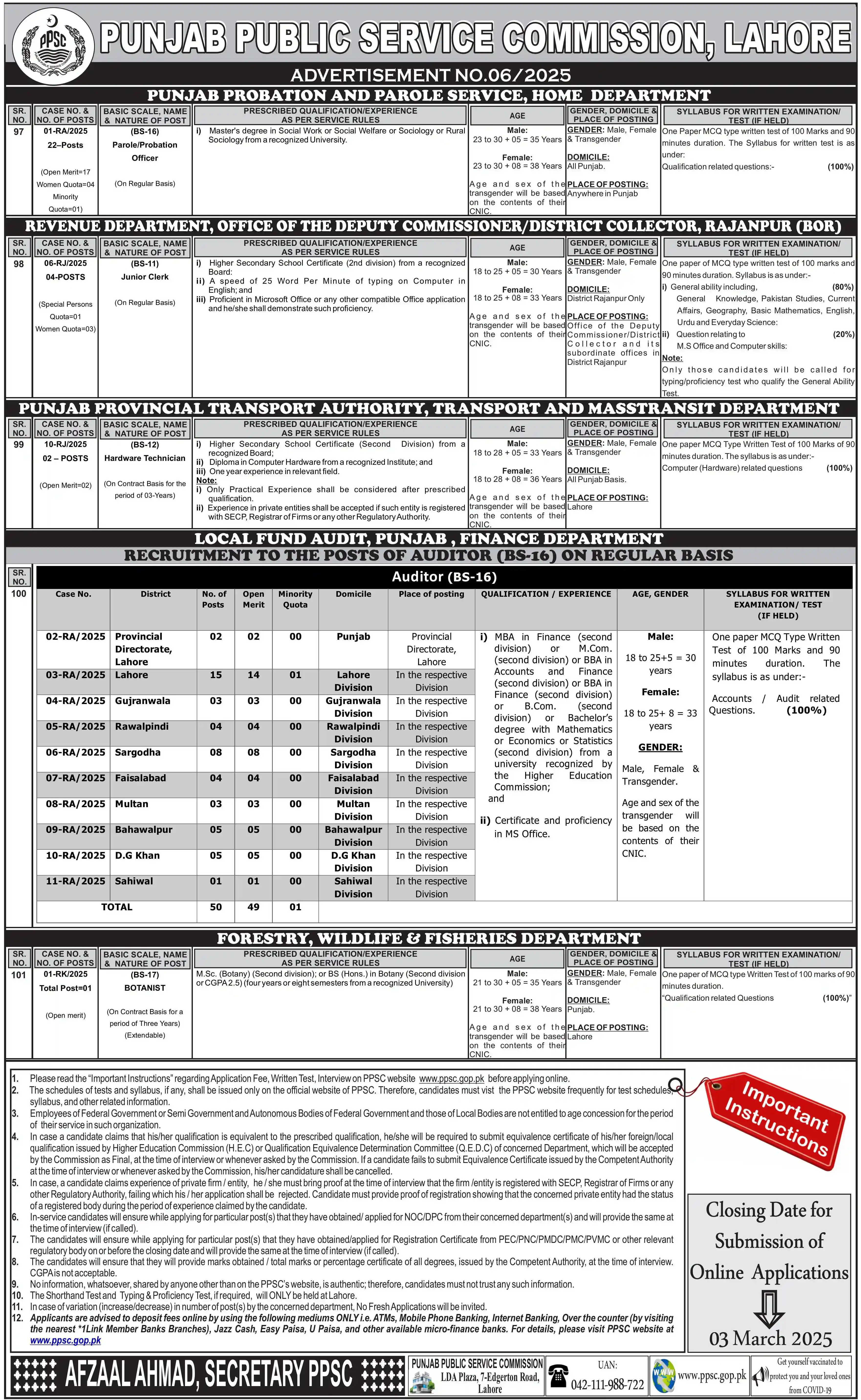 PPSC Jobs Advertisement 06/2025 For Junior Clerk, Auditor & Others Advertisement