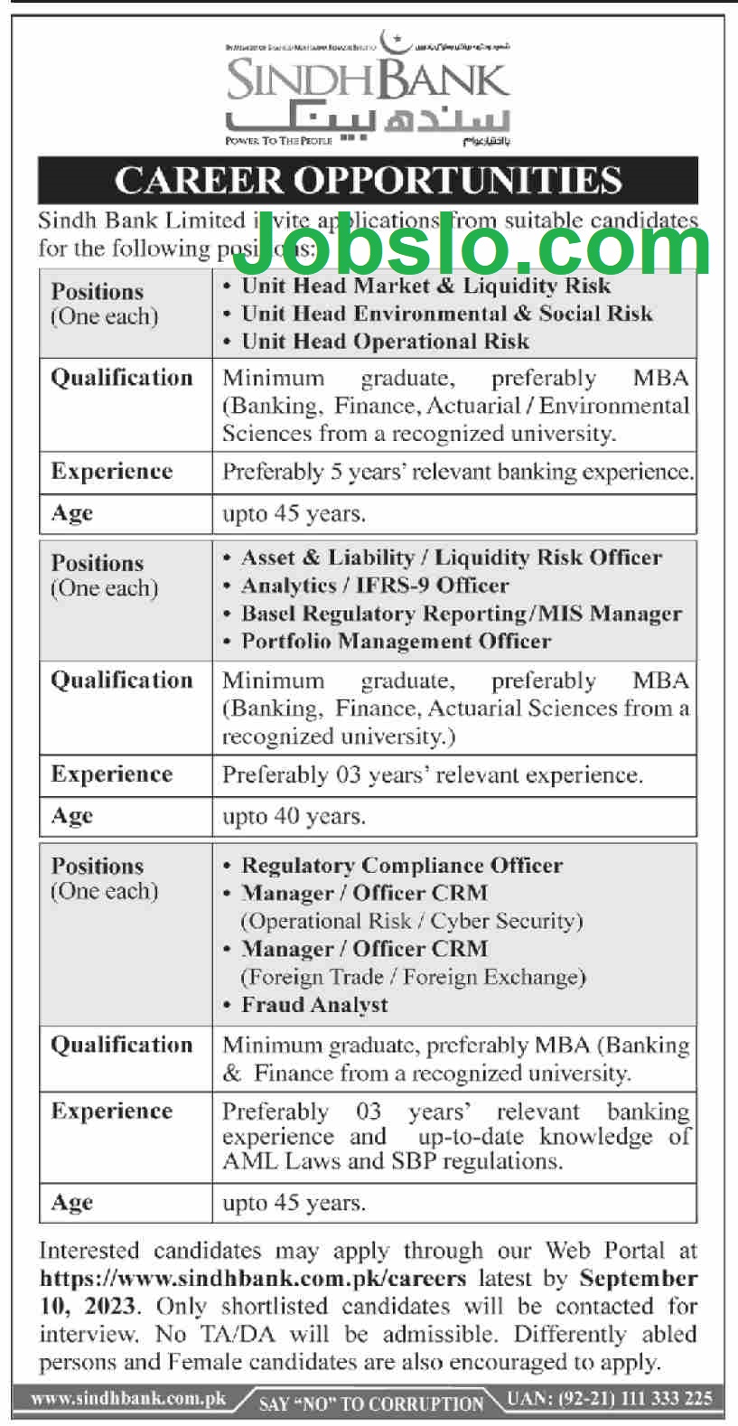 Sindh Bank Jobs 2023 Management Officers Latest Advertisement Advertisement