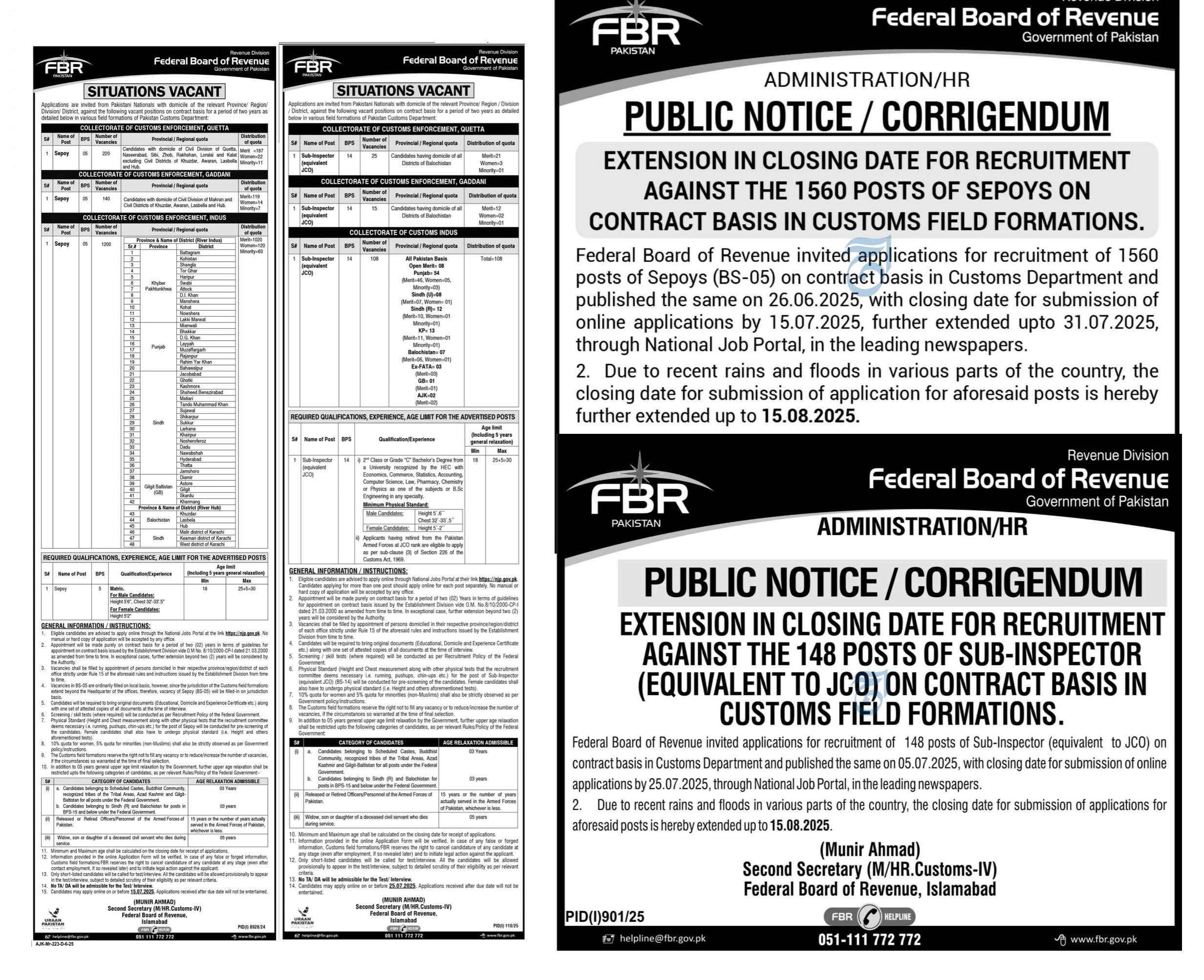 FBR Jobs For Sepahi & Sub Inspectors 2025 (1708 Vacancies) Advertisement