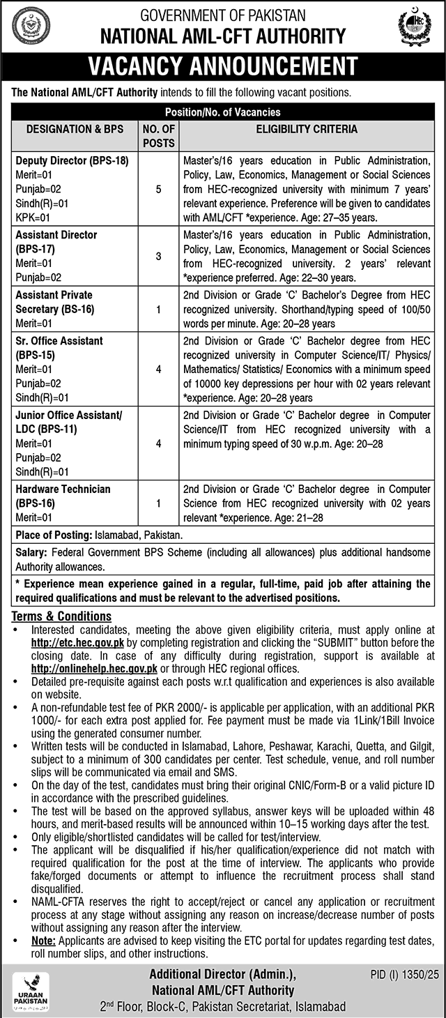 National Anti-Money Laundering and Counter Financing of Terrorism Authority Jobs 2025 - National AML - CFT Jobs Advertisement