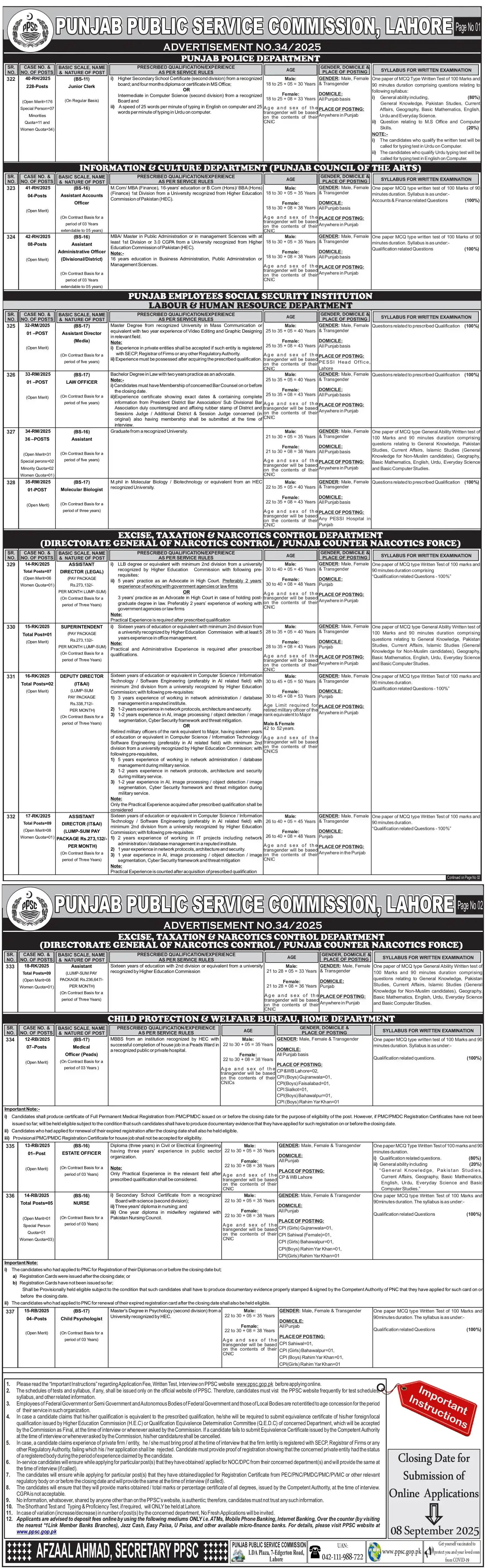 PPSC Jobs August 2025 Advertisement No 34 For Jr Clerks, Assistants & Others (324 Vacancies) Advertisement