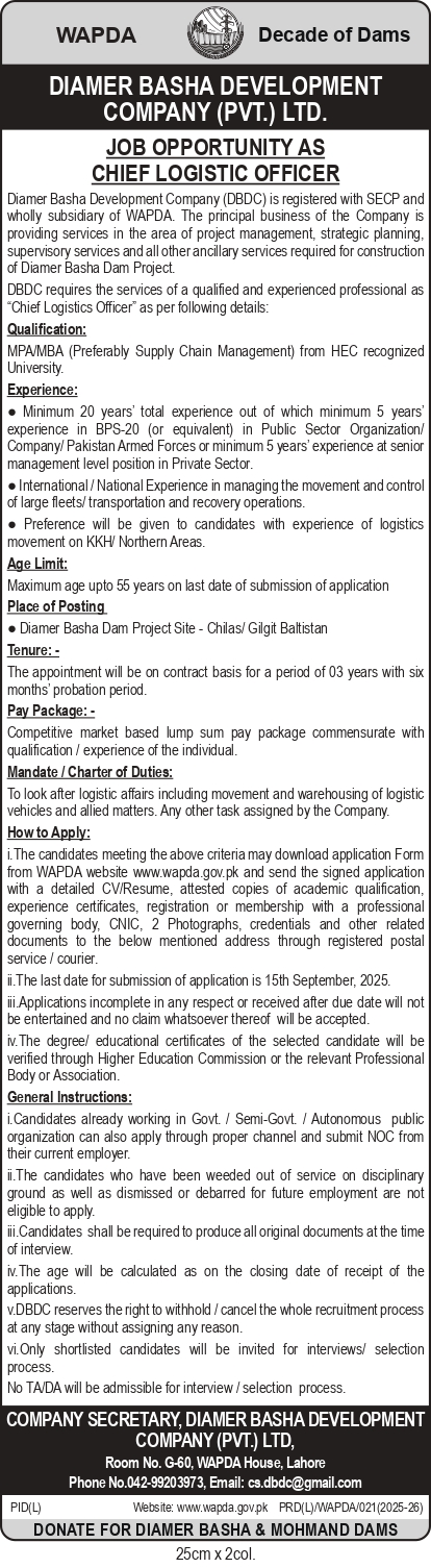 WAPDA Jobs For Diamer Basha Development Company - Download Application Form Advertisement