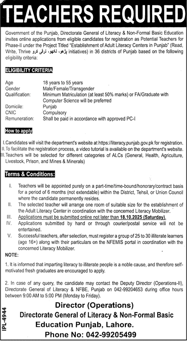 Literacy & Non-Formal Education Department Punjab Jobs 2025 - Online Apply Advertisement