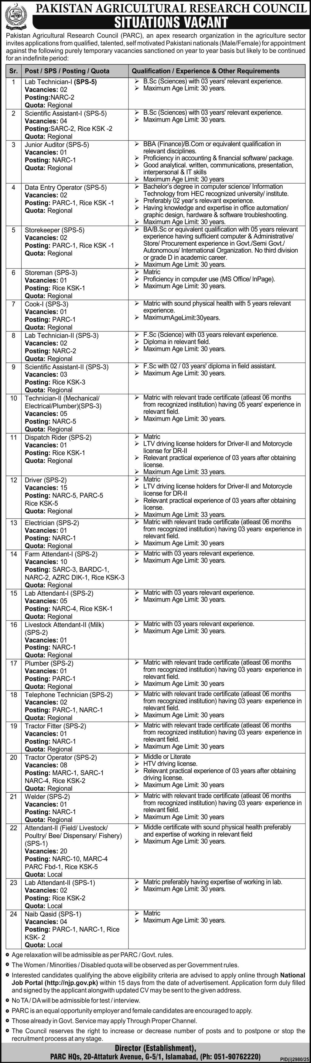 Pakistan Agricultural Research Council PARC Jobs 2025 Online Apply Advertisement