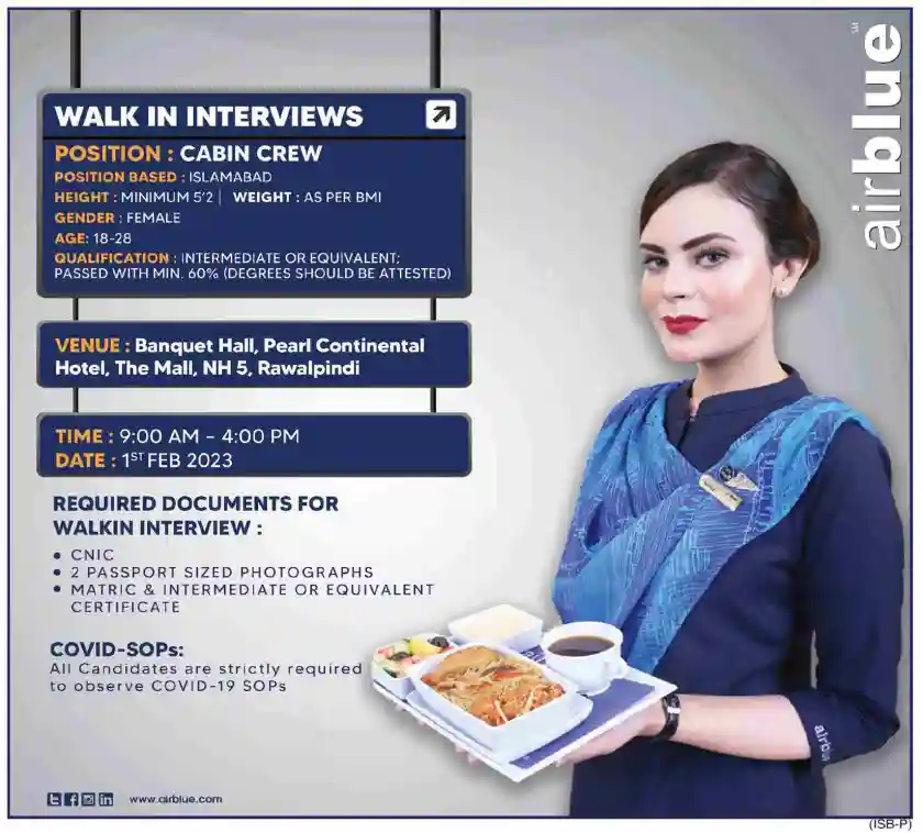 Apply for Air Blue Cabin Crew Jobs 2023 - Walk-in Interview Advertisement
