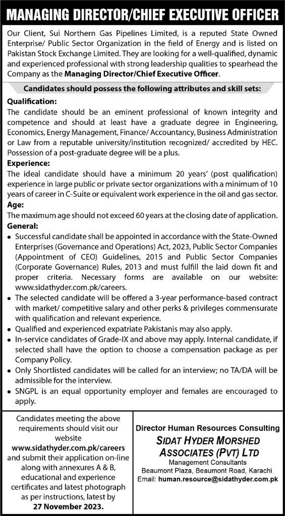 SNGPL Jobs 2023 Latest Advertisement - Sui Northern Gas Pipe Line Limited Advertisement