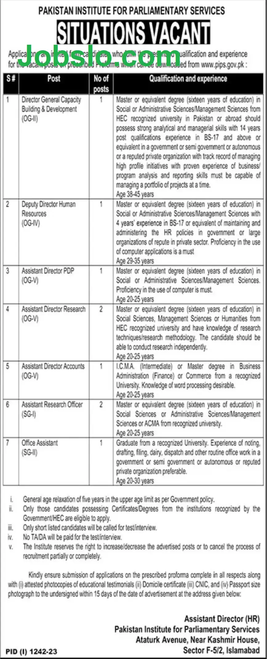 Pakistan Institute for Parliamentary Services Jobs 2023 - Download Application Form Advertisement