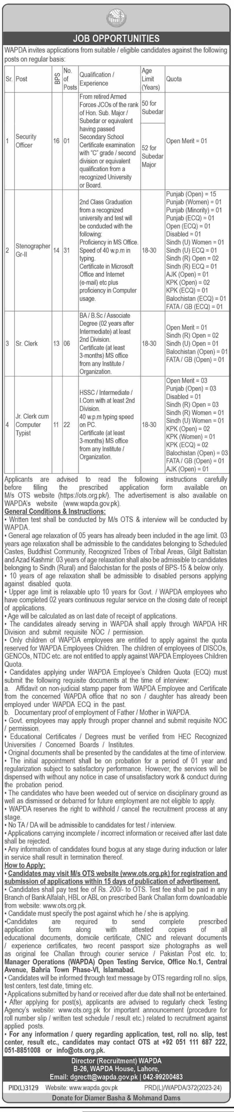 www.wapda.gov.pk latest Jobs 2023 Application Form Download ots.org.pk Advertisement