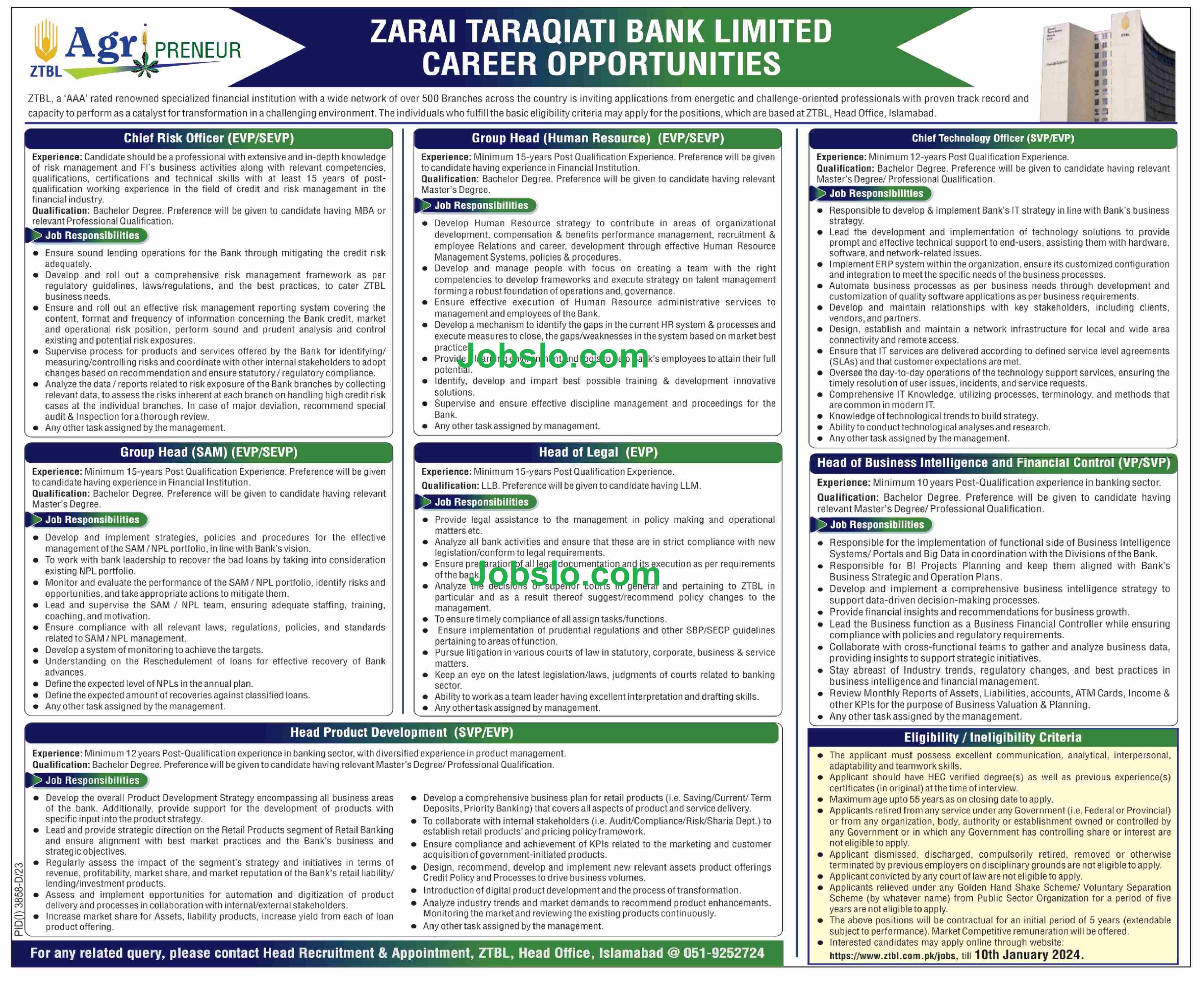 ZTBL Jobs For Officer Grade OG - III (Zarai Taraqiati Bank Limited Jobs 2023) Advertisement