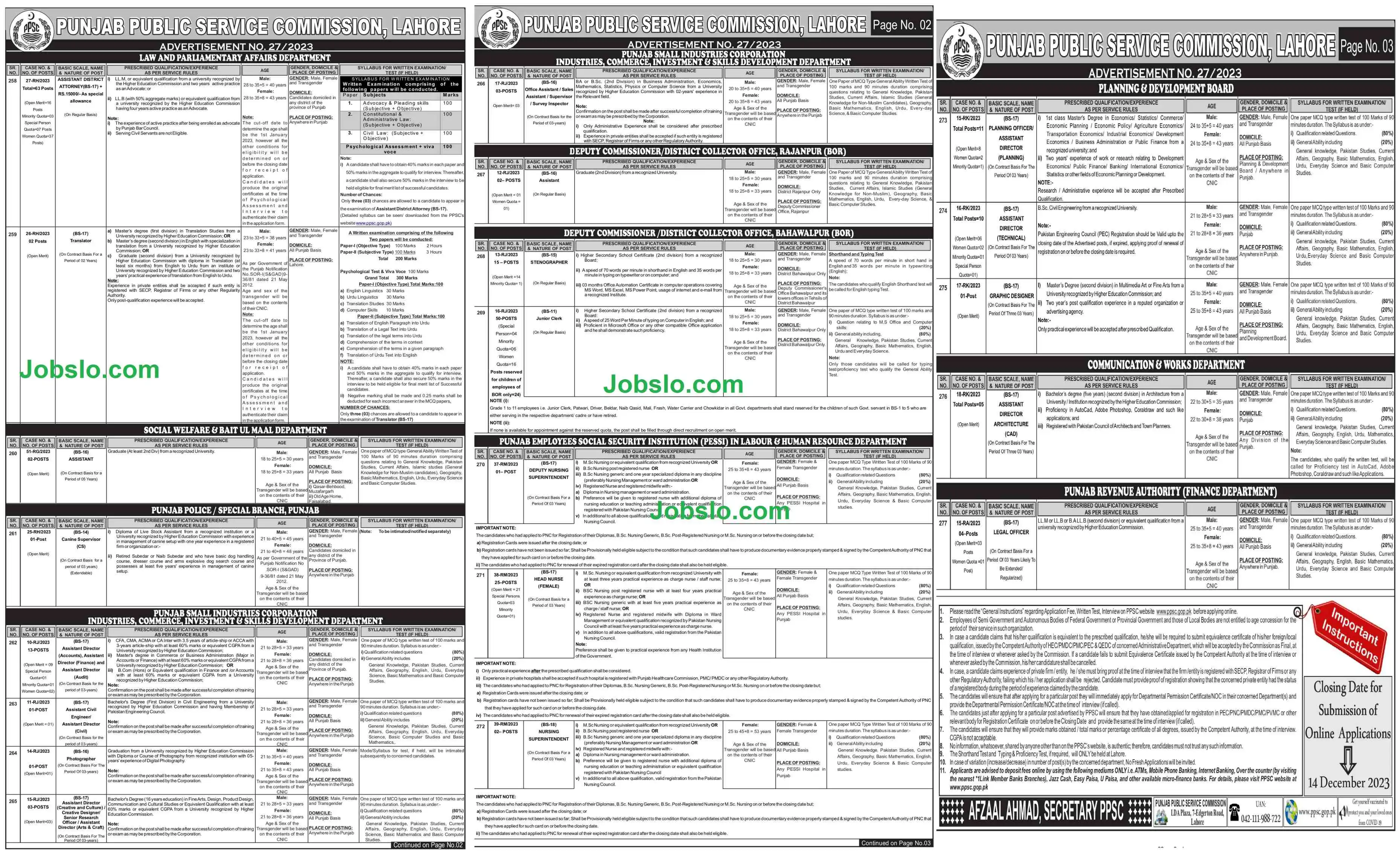 Jobs in PPSC For Junior Clerks, Assistant District Attorney, Stenographers & Others Advertisement