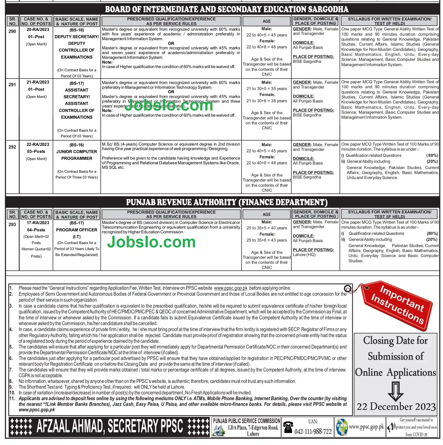 BISE Sargodha Jobs 2023 - Apply Online Advertisement