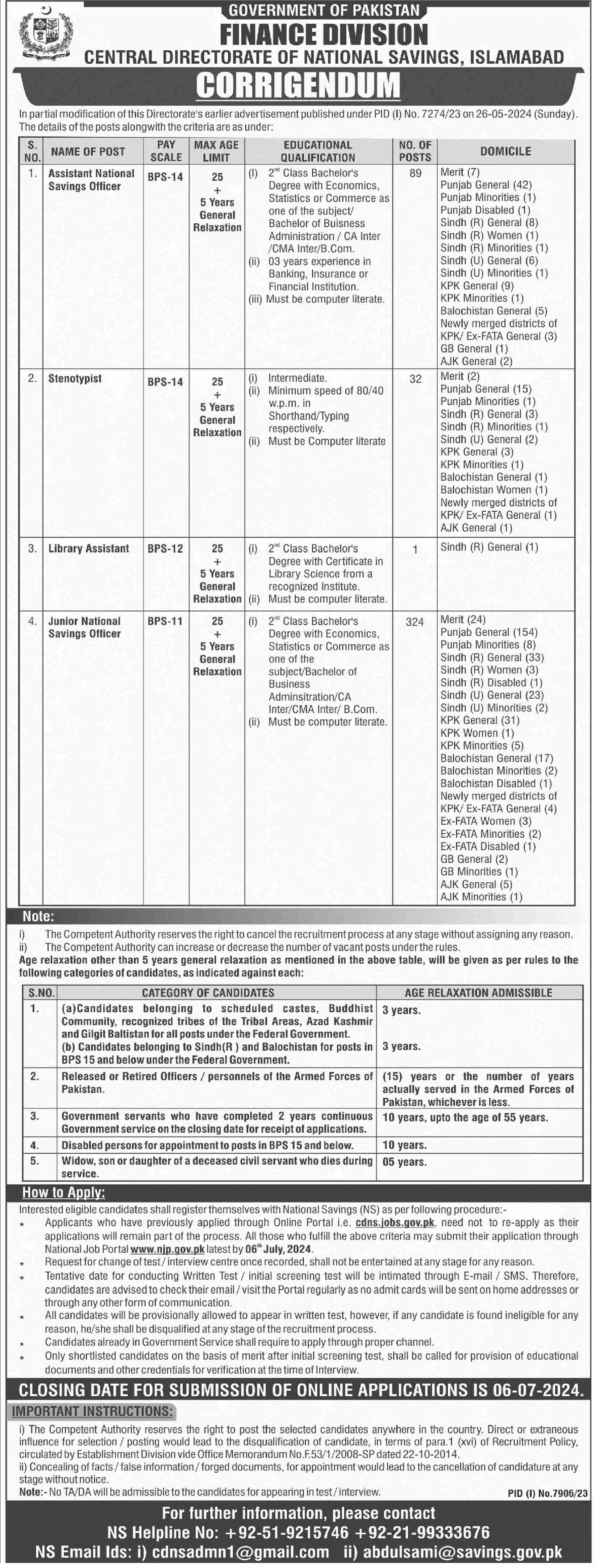 Assistant National Saving Officer, Junior National Saving Officer, Stenotypist, Library Assistant Advertisement