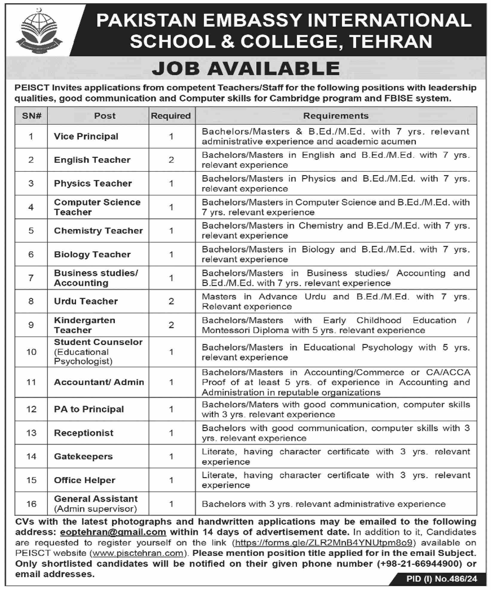 English Teacher, Physics Teacher, Computer Science Teacher, Chemistry Teacher, Biology Teacher Advertisement