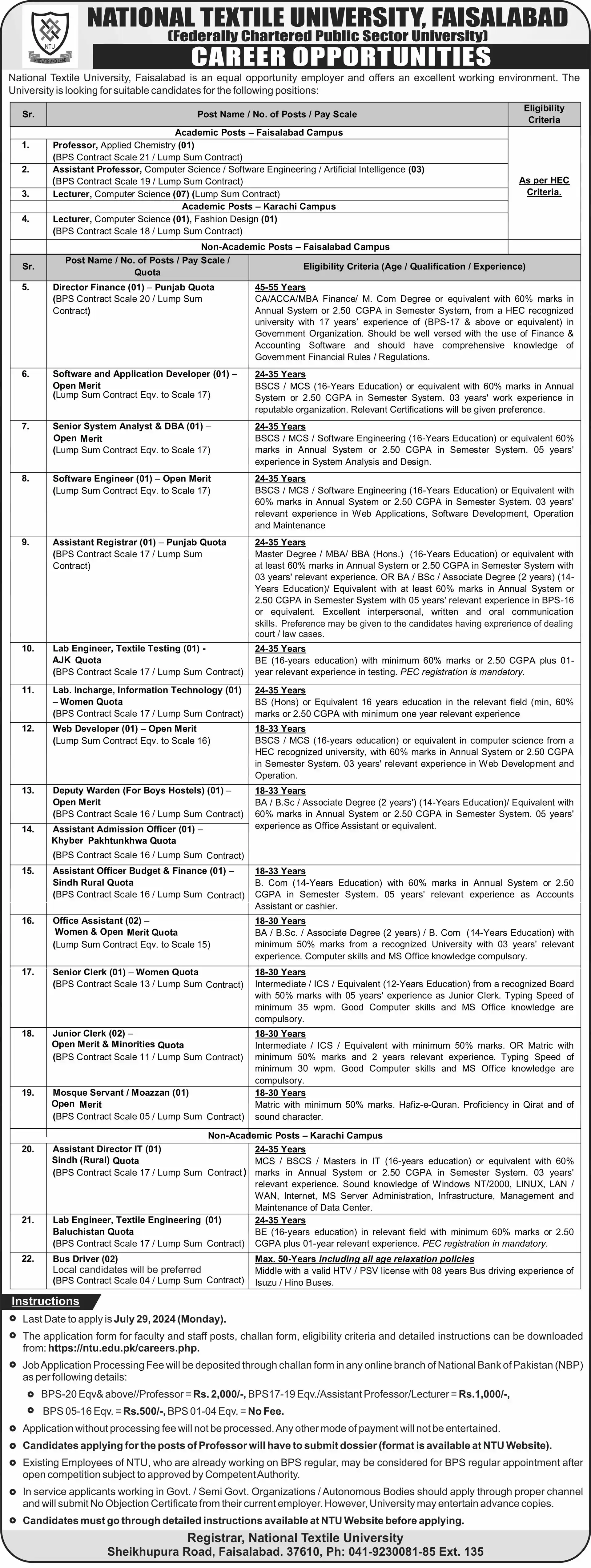 Assistant Admission Officer, Assistant Officer Budget Finance, Office Assistant, Clerk, Mosque Servant, Moazzan, Assistant Director IT, and Bus Driver Advertisement