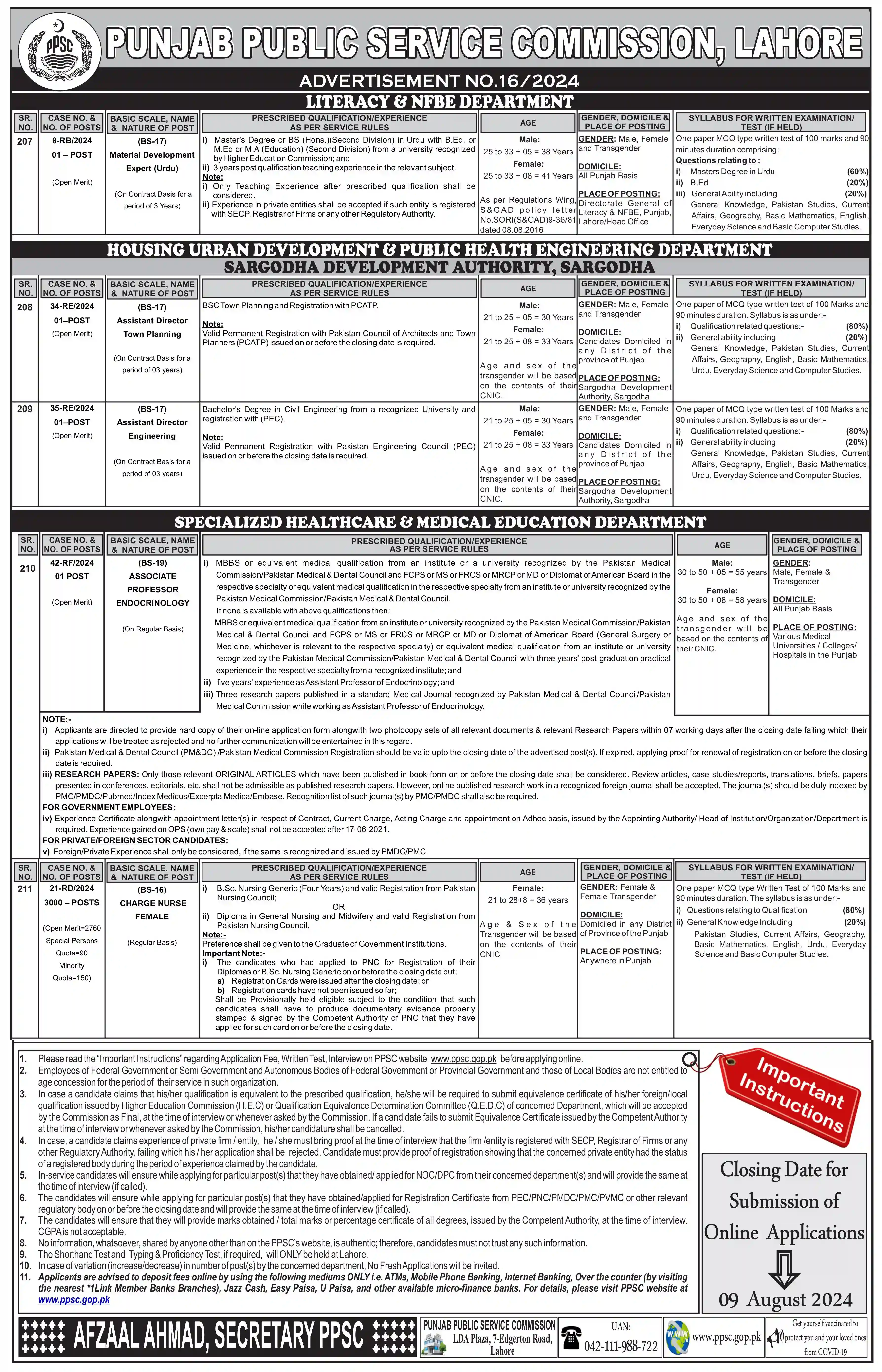 Assistant Director Engineering, Assistant Director Town Planning, Charge Nurse (Female), Material Development Expert (Urdu) Advertisement