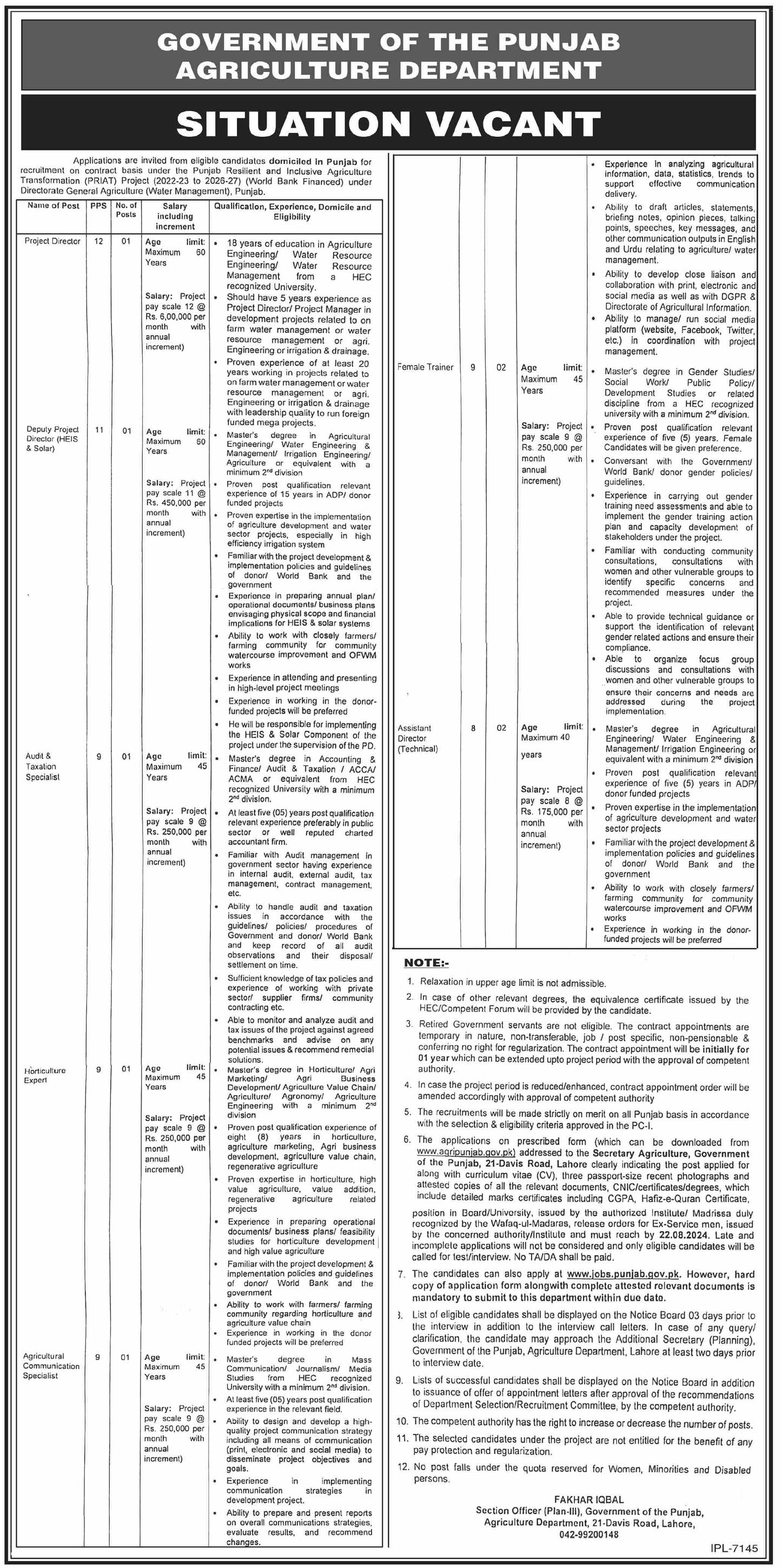 Agricultural Communication Specialist, Assistant Director Technical, Audit Taxation Specialist, Female Trainer, Horticulture Expert, Project Director Advertisement