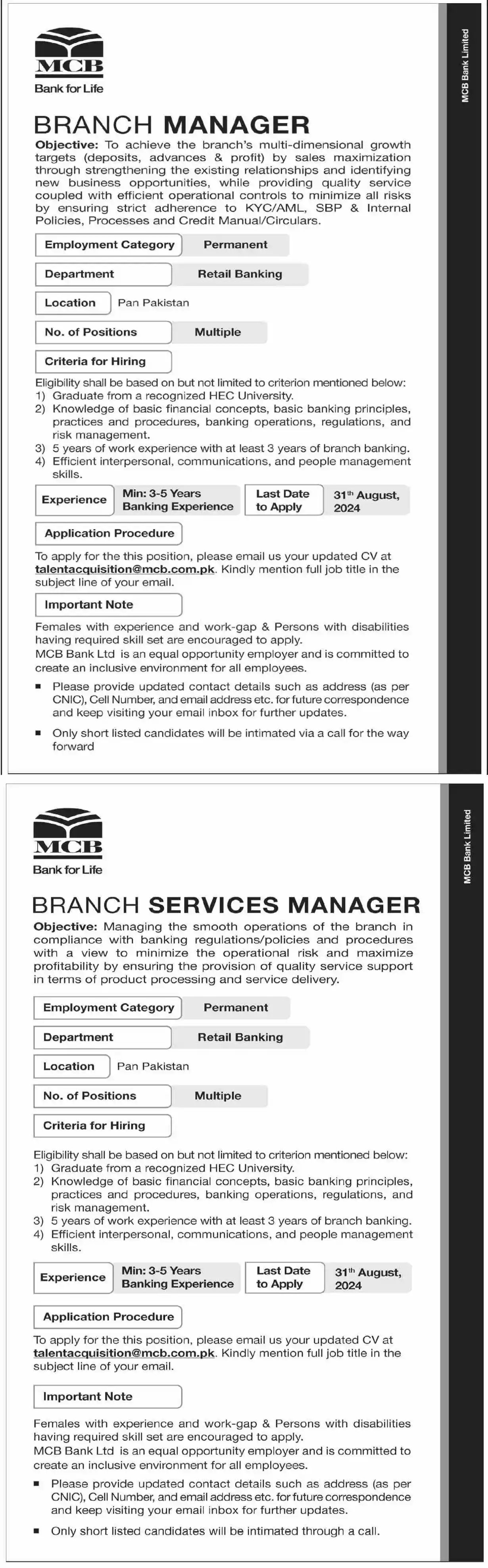 Branch Manger, Branch Services Manger Advertisement