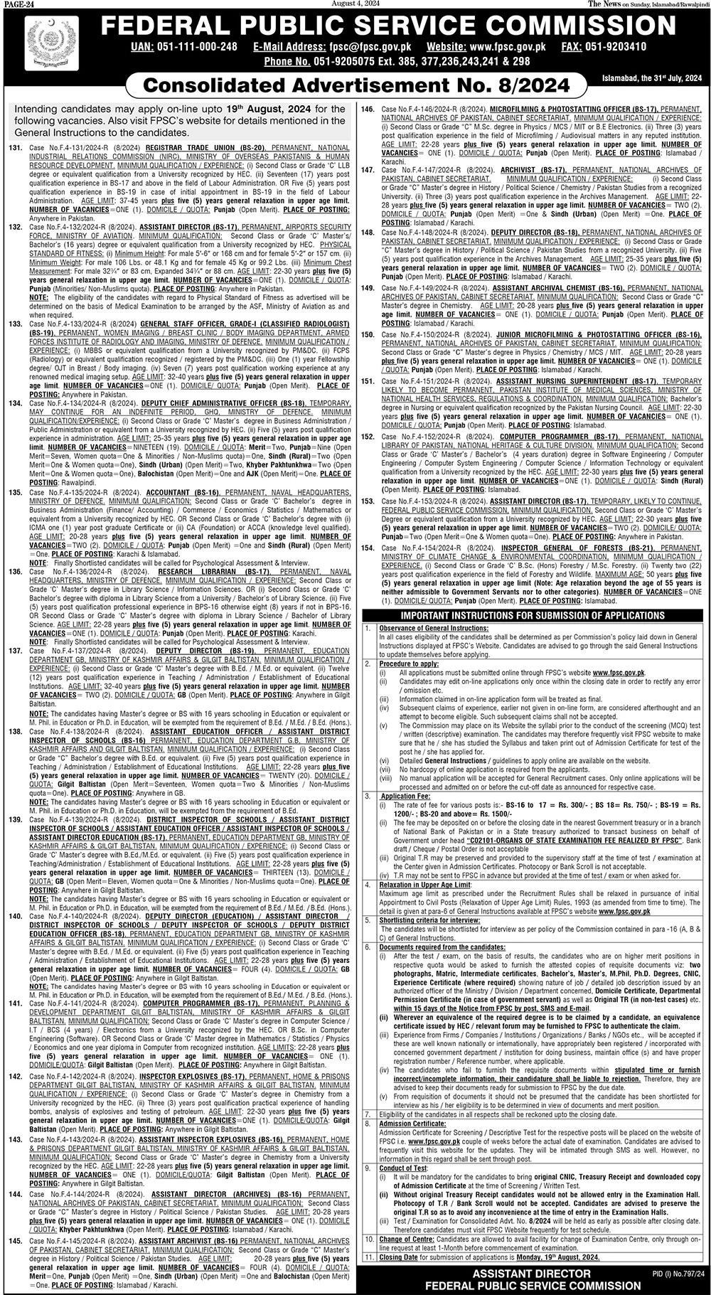 Assistant Director, Assistant Inspector of Schools, Assistant Education Officer etc Advertisement