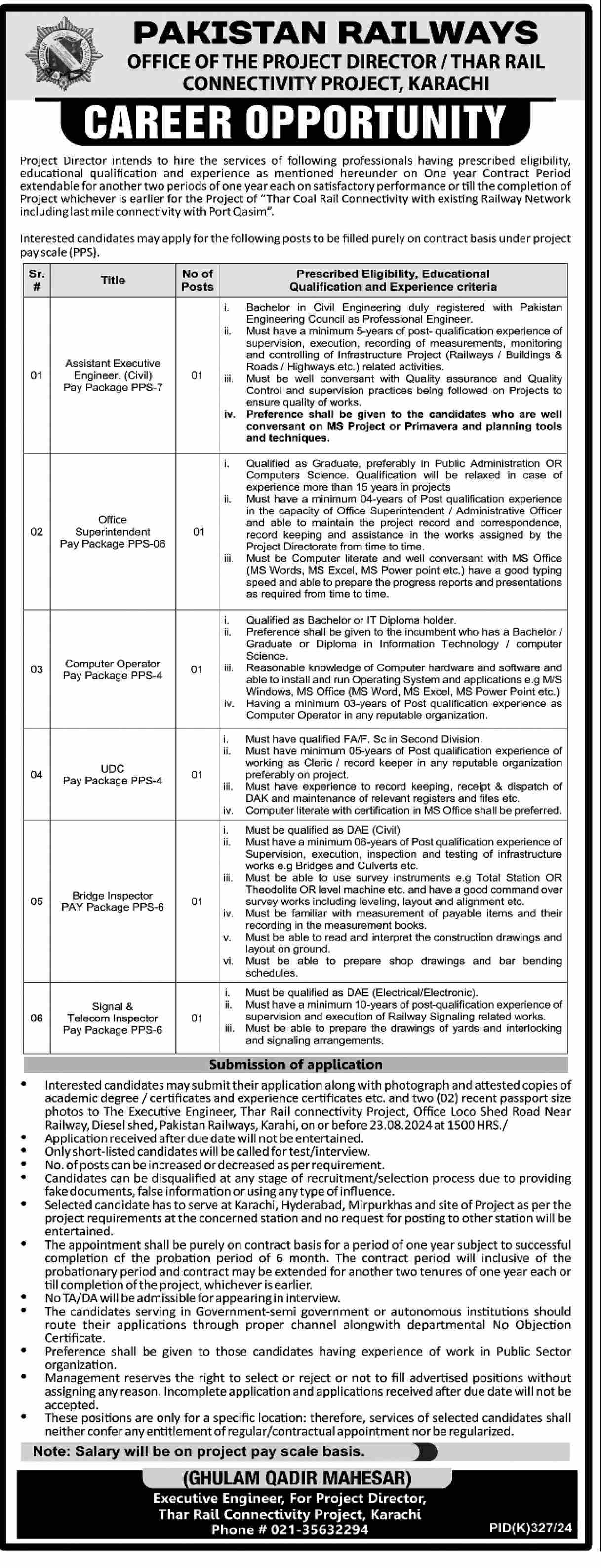 Bridge Inspector, Computer Operator, Executive Engineer Civil, Office Superintendent, Signal Telecom Inspector, UDC Advertisement