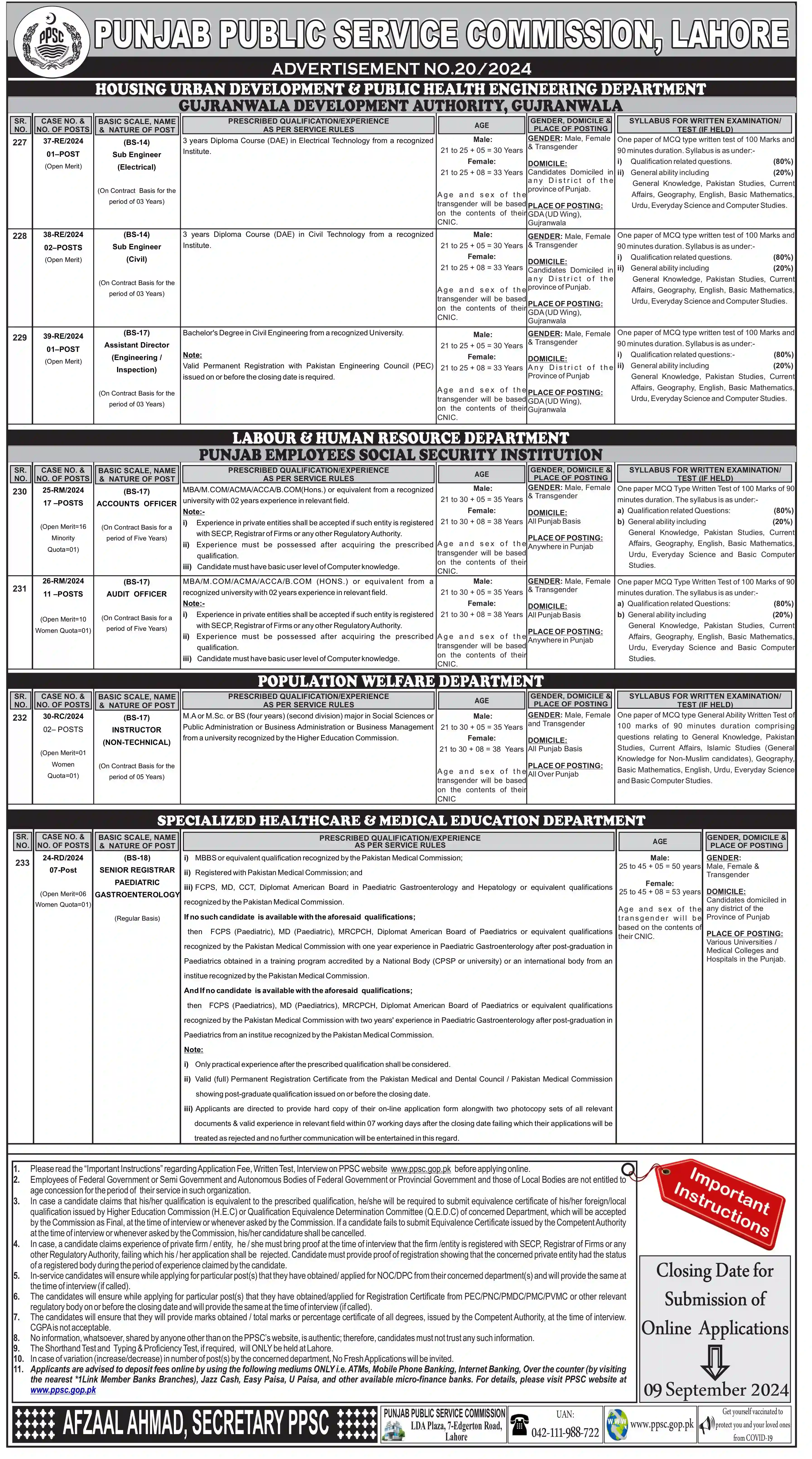 PPSC Jobs Advertisment No 20/2024 For Assistant Directors, Sub Engineers & Others Advertisement