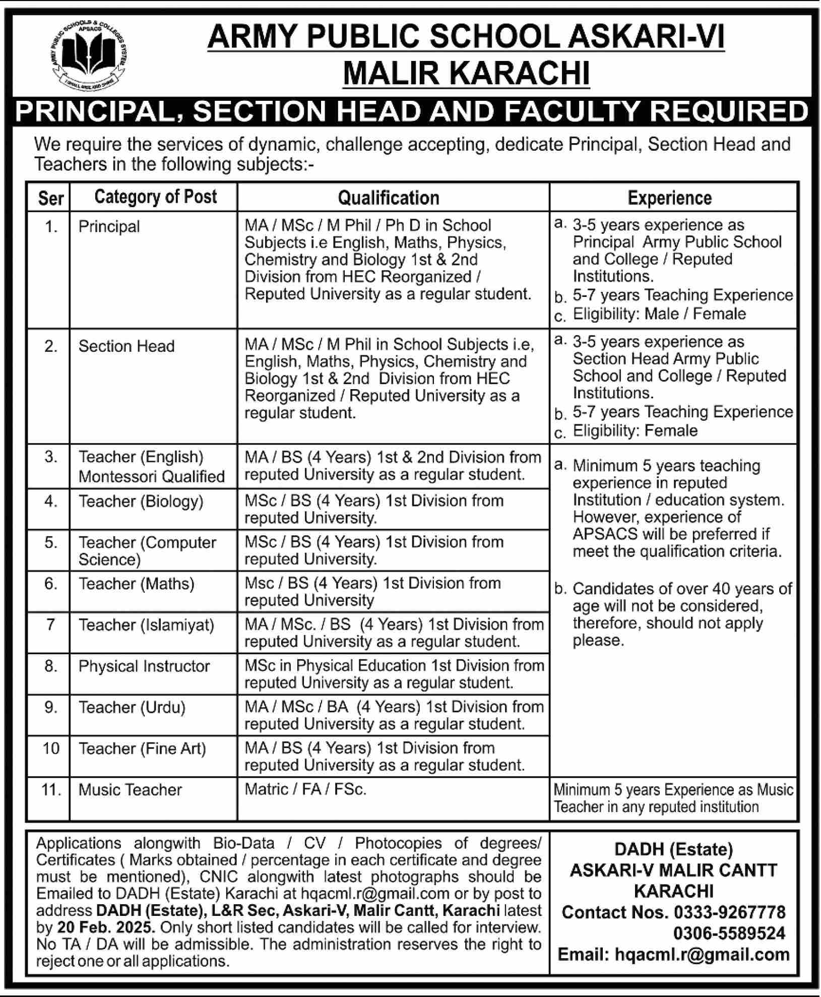 Teachers, Principal, Section Head Advertisement